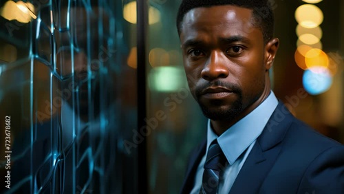 An African American man in a crisp navy suit looks out confidently from behind a glass pane his authoritative gaze indicative of his photo