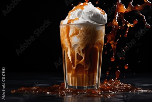 Iced coffee with pouring cream on dark stone background photo
