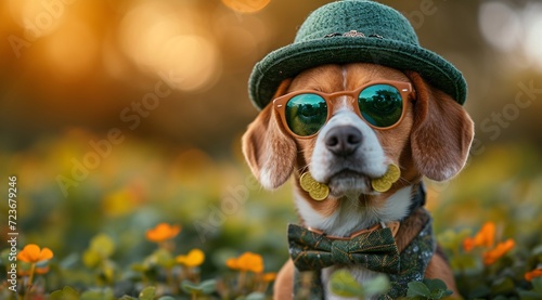 Beach Babe - A cute, colorful dog wearing sunglasses and a bow tie, ready for a day at the beach. Generative AI