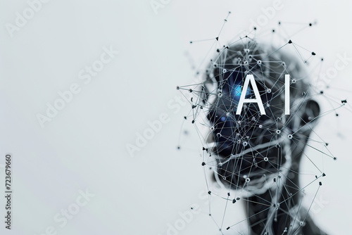 Cloud of data points in a network converging into the shape of a human head with the text AI overlaid on top. Isolated against white background photo