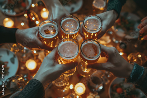 top view clinking beers in front of dinner background