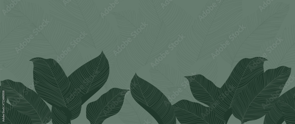 Fototapeta premium Abstract foliage botanical background vector. Green wallpaper of tropical plants, leaf branches, leaves, line art. Foliage design for banner, prints, decor, wall art, decoration.