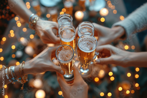 top view clinking beers in front of dinner background