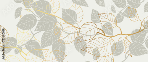 Luxury foliage botanical background vector. White wallpaper of tropical plants, leaf branches, leaves, gold line art. Foliage design for banner, prints, decor, wall art, decoration.