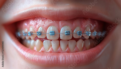 Orthodontic Dental Care Concept. Woman Healthy Smile close up. Closeup Ceramic and Metal Brackets on Teeth. Beautiful Female Smile with Braces.