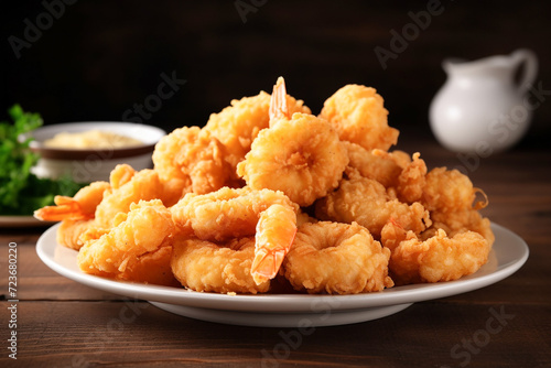 A white plate piled high with golden, crispy fried shrimp.