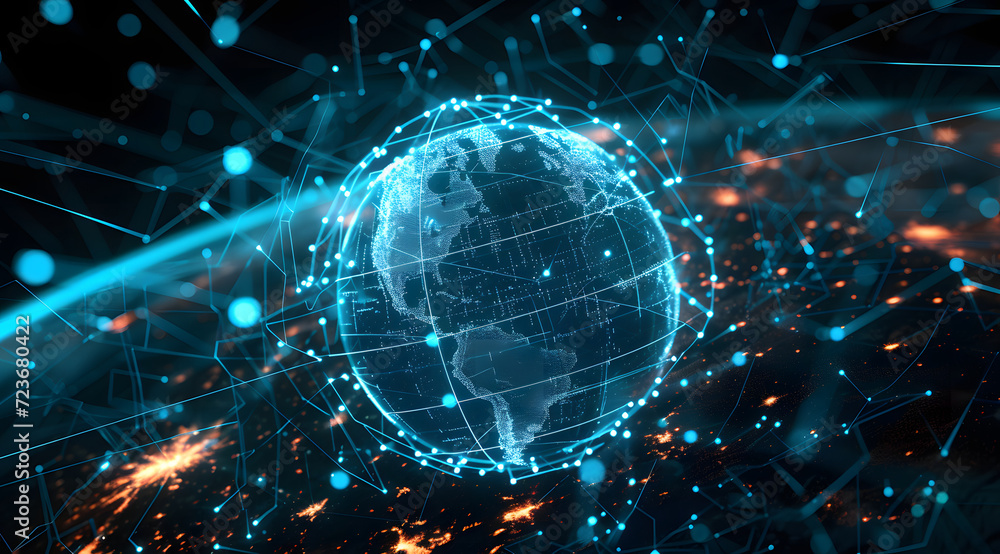 Illustration of global network connections and communication technology for internet business and telecommunication, featuring earth connector, earth map, and a 3D globe with an electronic network. Illustration of global network connections and communication technology for internet business and telecommunication, featuring earth connector, earth map, and a 3D globe with an electronic network.