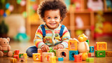 Cute little child African American boy with curly hair sits on the floor surrounded by toys.