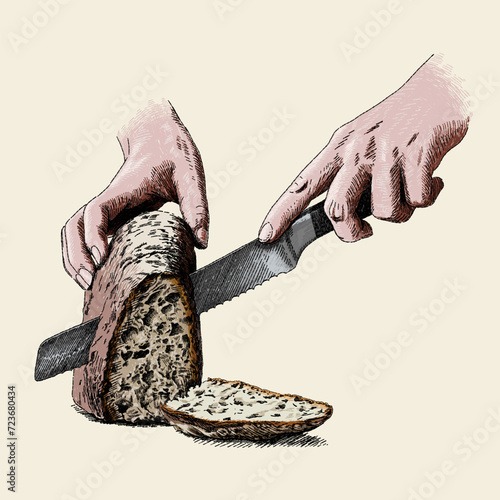 Hands cutting artisan and fresh bread.