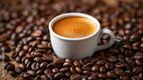 The side view of a coffee cup and coffee beans on a dark background