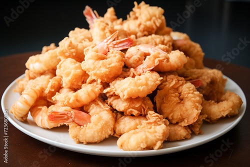 A white plate piled high with golden, crispy fried shrimp.