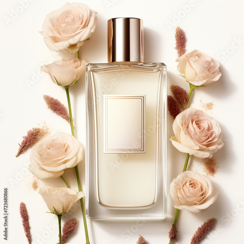 Commercial product photography of a perfume with petals, flowers in white and rose colors