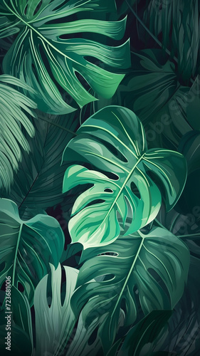 Various green tropical leaves on a black background. exotic tropical wall with green palms. Bali style. Vertical