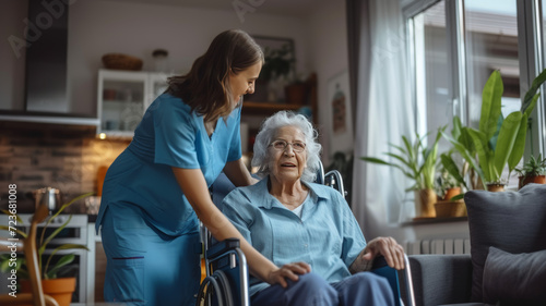 Caregiver happily assisting an elderly person in their own home