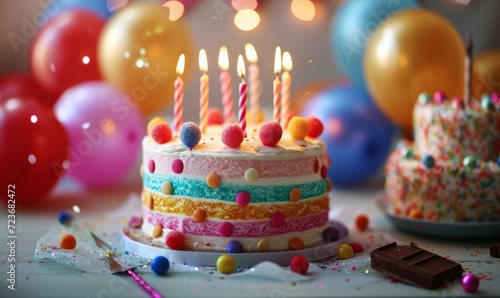 birthday cake with candles, birthday party for children, children having fun, colorful cake, rainbow, multicolored baloons and sparkles, chocolate, sugar and candies, candles, Generative AI 