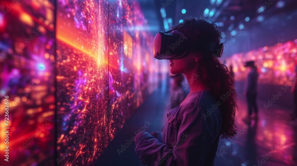 Expérience de réalité virtuelle avec éclairage néon futuriste Expérience de réalité virtuelle avec éclairage néon futuriste