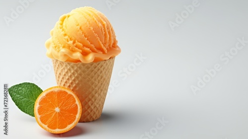 Citrus clementine ice cream in a waffle cup. Food photography. Delicious sweet ice cream with Citrus clementine in a waffle cup. Minimalism. Food photography. Horizontal format