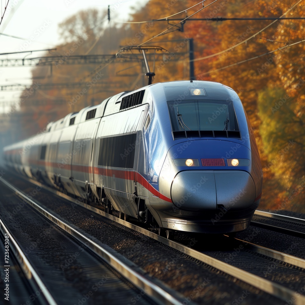 Modern Train Speeding Through Autumn Landscape