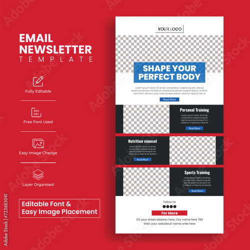 Gym and fitness email newsletter Editable template for health blogger email marketing landing page , vertical gym poster or roll up banner, 
web page header layout template design photo
