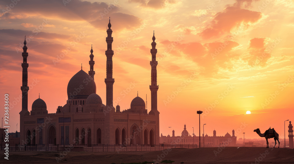 Magnificent mosque in the desert with warm sunset light and a camel resting nearby, beautiful orange sky