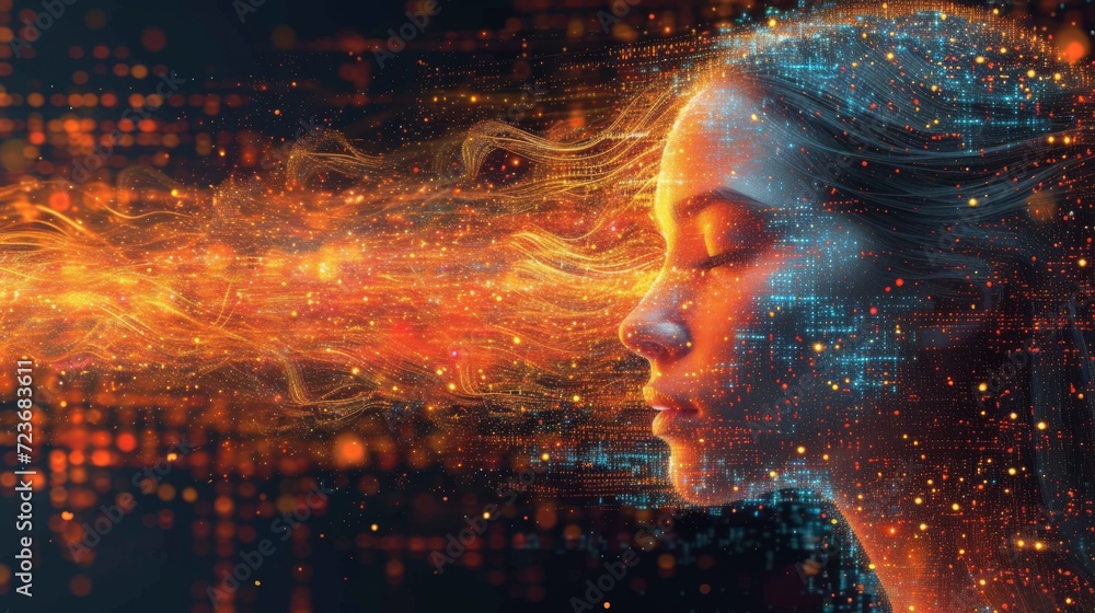 Portrait cosmique et technologique  avec IA d'une femme  - obrazy, fototapety, plakaty 