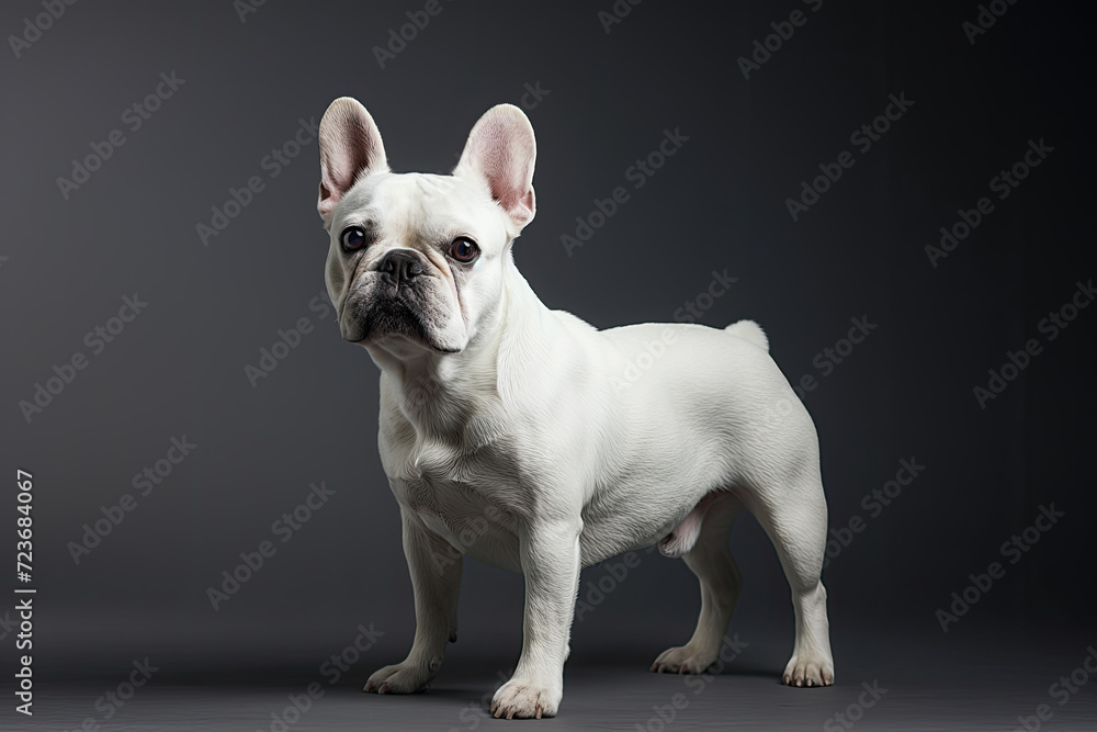 Beautiful white French bulldog poses in a photo studio on a dark background