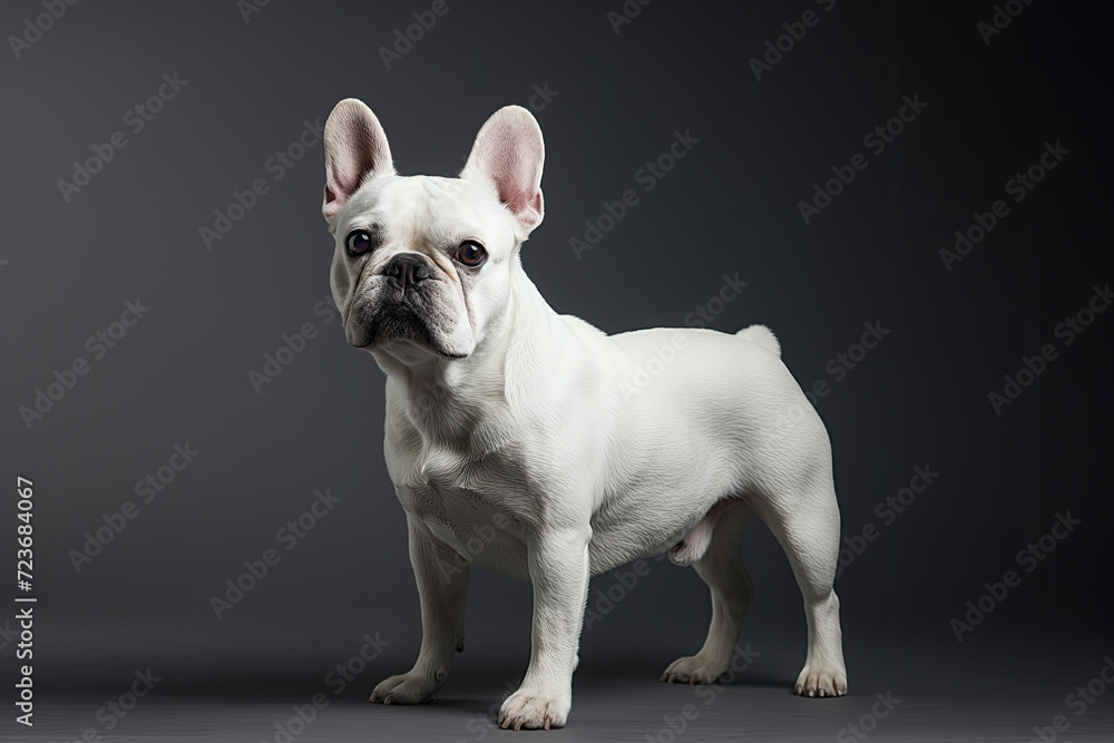 Beautiful white French bulldog poses in a photo studio on a dark background Beautiful white French bulldog poses in a photo studio on a dark background