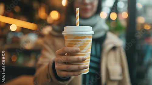 Cafe customer holding a drink with a paper straw photo