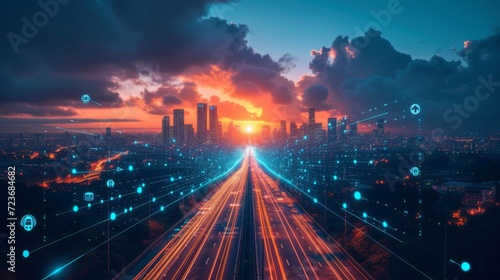Illustration futuriste de ville 6G avec lumières vibrantes
