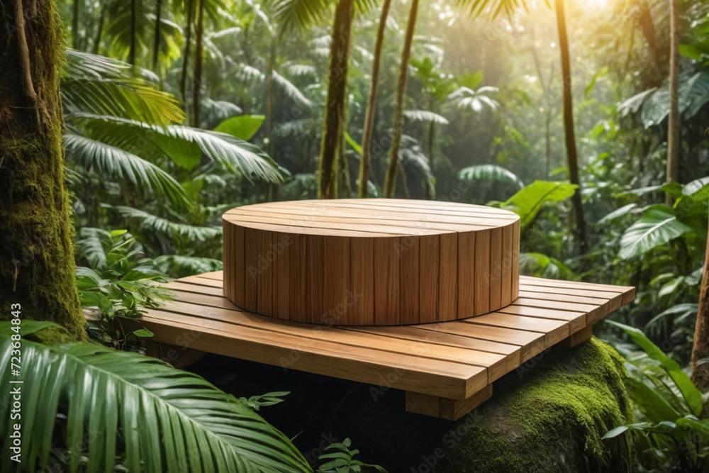 Fototapeta premium Wooden product display podium in jungle forest scene - Product showing