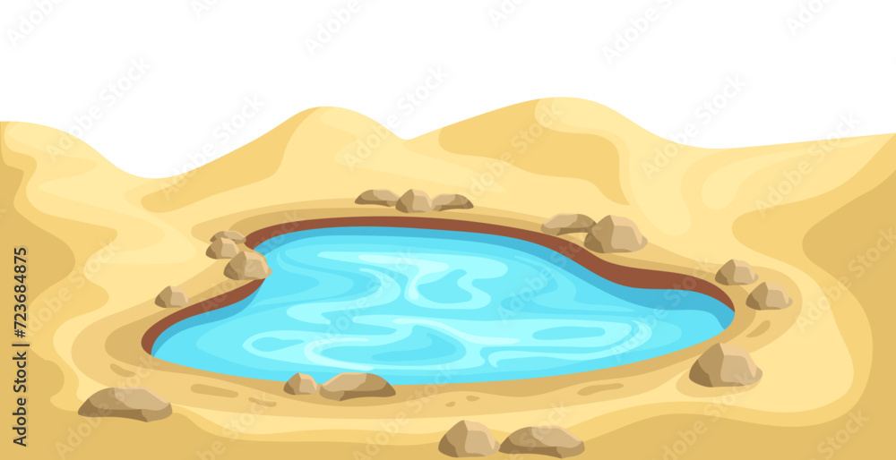 Lake oasis in desert template. Colorful blue water surrounded by yellow sand and stones with cartoon landscape vector design
