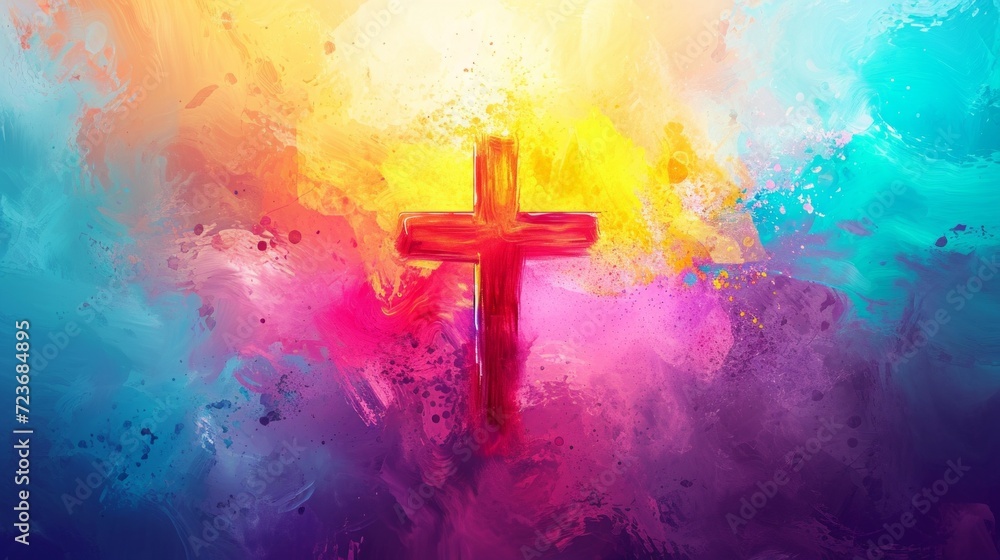 Vibrant Ash Wednesday poster, colorful abstract background spirituality, ash cross in the center, bright and hopeful mood. Religious Cross Symbolizing the Holy Spirit. - obrazy, fototapety, plakaty 