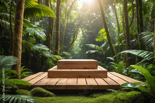 Wooden product display podium in jungle forest scene - Product showing