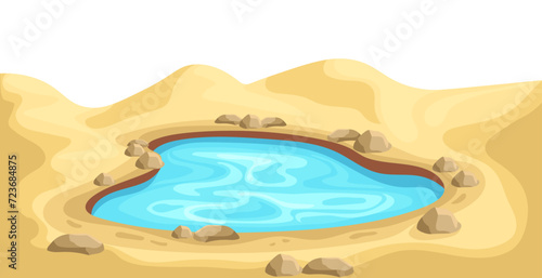 Lake oasis in desert template. Colorful blue water surrounded by yellow sand and stones with cartoon landscape vector design © Богдан Скрипник