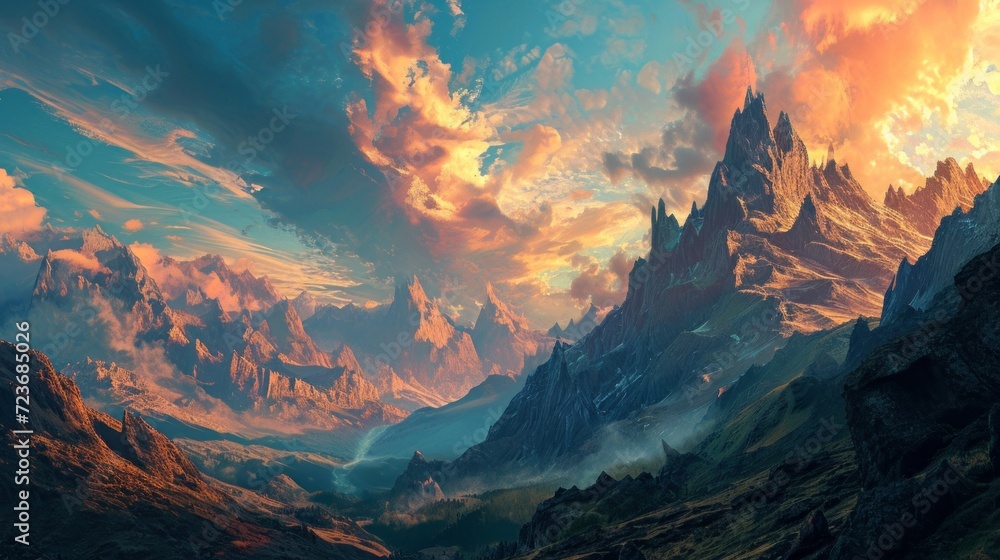 majestic mountain landscape under a dramatic sky in illustration style