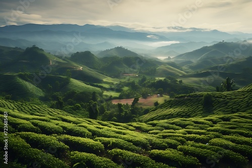 The serene landscape of Colombian coffee plantations with lush green fields and towering mountains. © George Designpro
