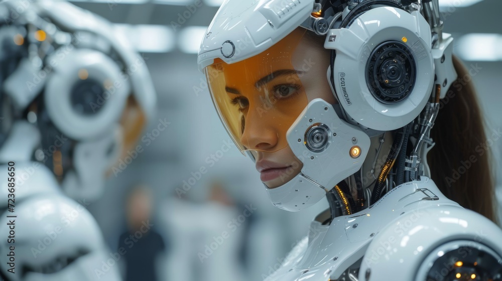 Robot humanoïde féminin avec visage mécanique Robot humanoïde féminin avec visage mécanique