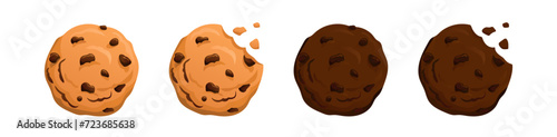 Crunchy bitten cookies with drops. Brown snack baked goods in brown and light color with sweet vanilla flavor and appetizing vector design