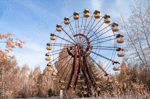 old carousel wheel in an abandoned amusement park in Chernobyl