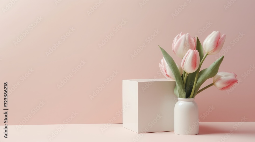 a wooden block with tulips and gift. happy women's day