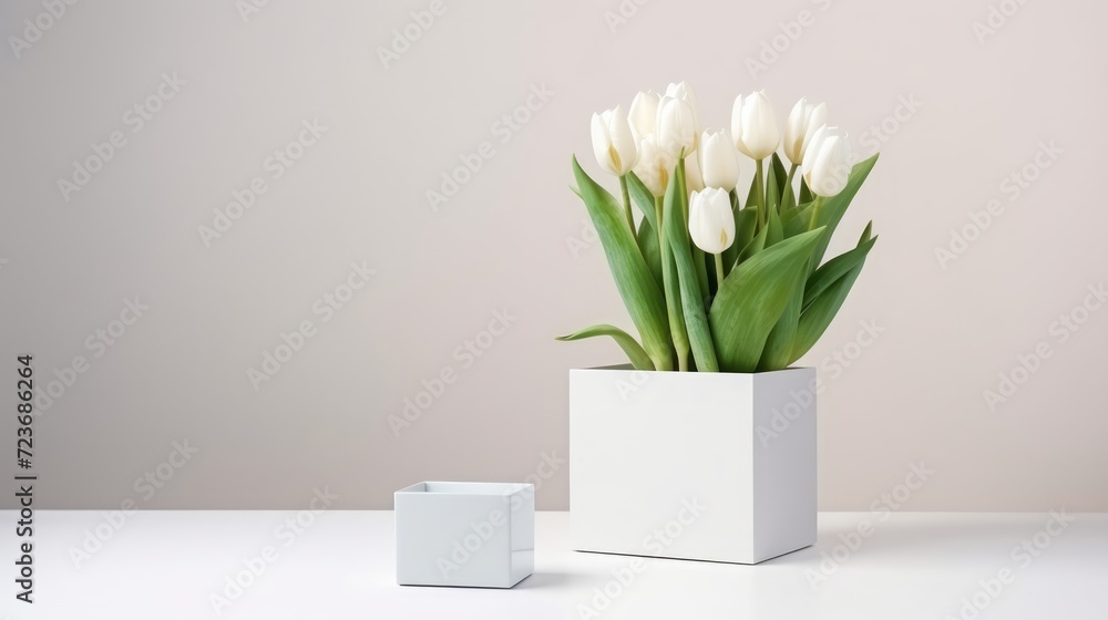 a wooden block with tulips and gift. happy women's day a wooden block with tulips and gift. happy women's day