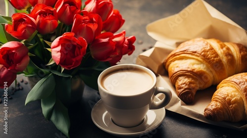 Happy mother's day, beautiful breakfast, lunch with cup of coffee (cappuccino) fresh croissants, bouquet of tulips as gift. Festive concept. Spring holiday, family relations.