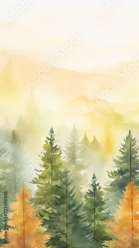 vertical autumn background in coniferous forest, texture of fir trees and pines in autumn watercolor style