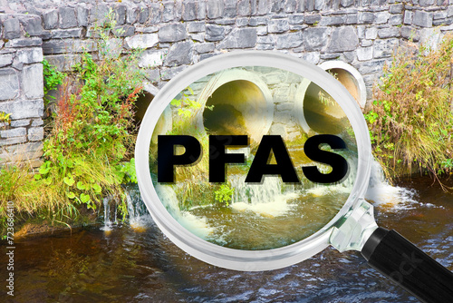 PFAS Contamination - Alertness about dangerous PFAS per-and polyfluoroalkyl substances presence in polluted urban wastewater - Concept with magnifying glass photo