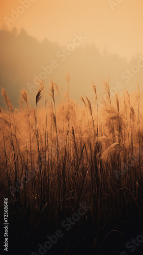 vertical background autumn dry grass in the morning fog  valley in the sun landscape