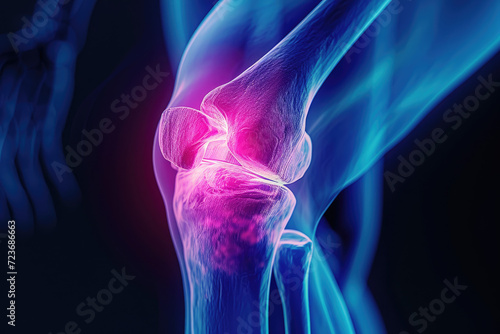 Thigh tendon injury, X - ray style, injury part with red luminous expression, the rest with blue expression