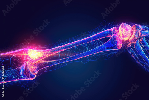 3D representation emphasizing pain and inflammation in the elbow joint, illustrating the interplay of bones, muscles, and tendons photo