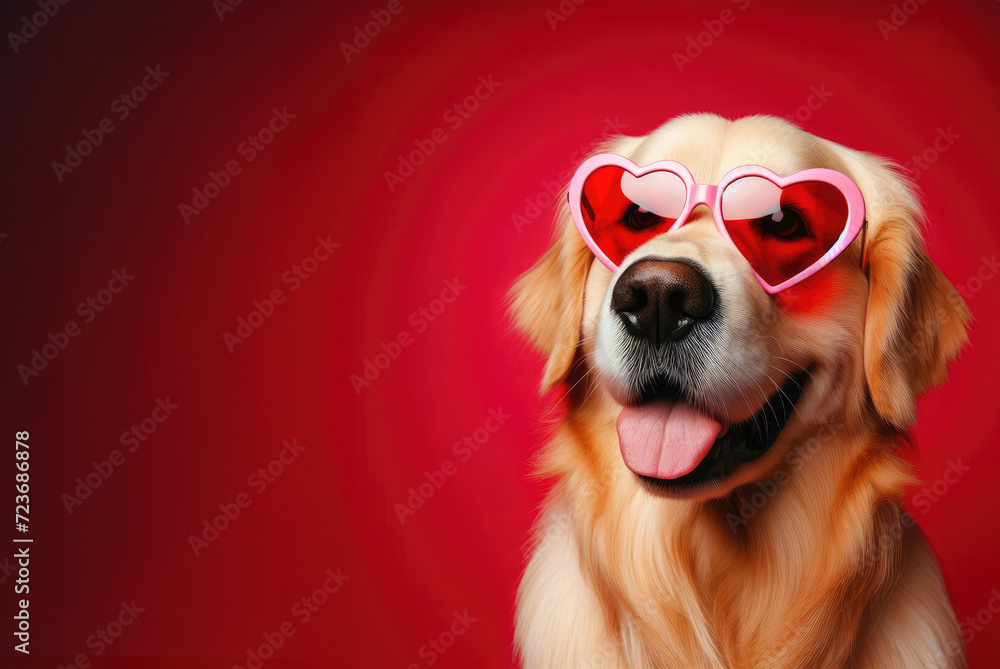 A cheerful golden retriever dog wearing pink heart-shaped sunglasses, tongue out, against a red background.