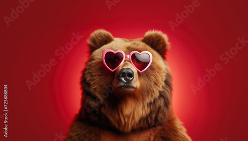 A charming Grizzly bear sporting trendy heart-shaped sunglasses, set against a vibrant red background.