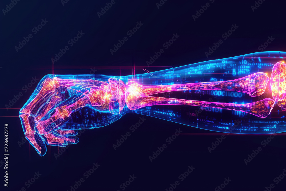 3D representation emphasizing pain and inflammation in the elbow joint, illustrating the interplay of bones, muscles, and tendons - obrazy, fototapety, plakaty 